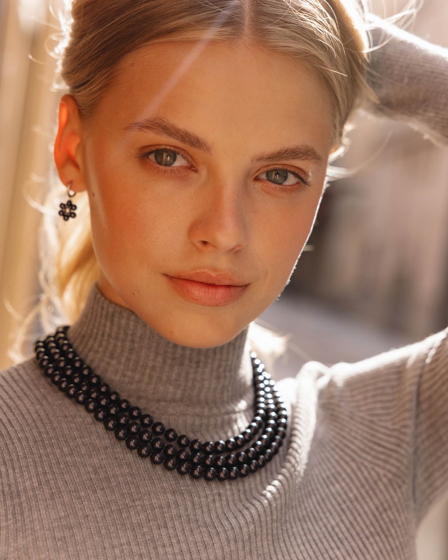 Three-Row 8mm Black Pearl Necklace Elizabeth