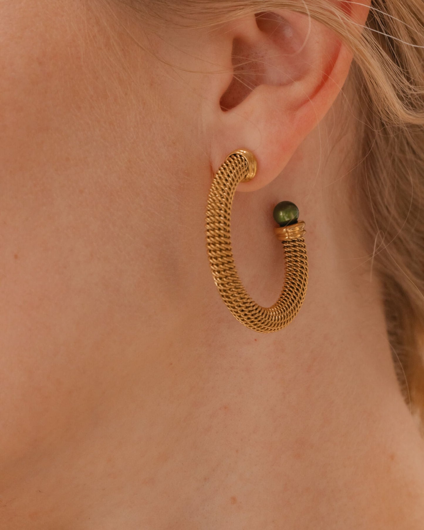 Golden Earrings Two Green Pearls Tender