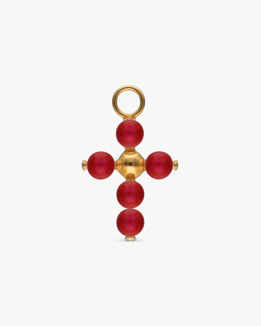 Golden Cross Charm Pearl 4mm Red Cruces