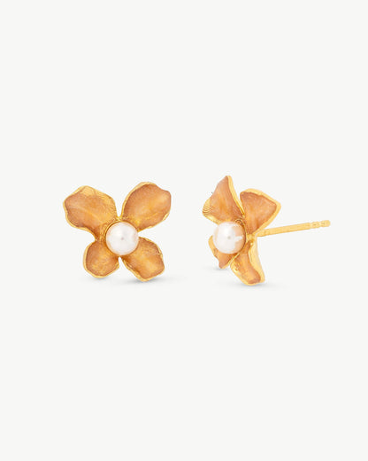 4mm Ocher Pearl Earrings Flowers