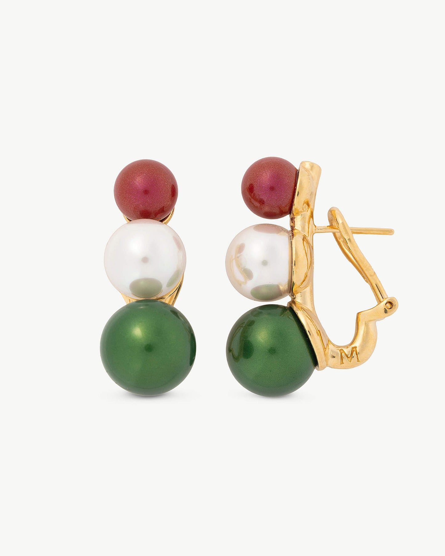 Triple Red, White and Green Pearl Earrings Twins & Triplets