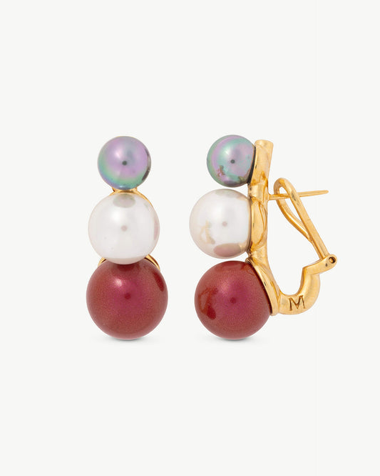 Nuage, White and Red Triple Pearl Earrings Twins & Triplets