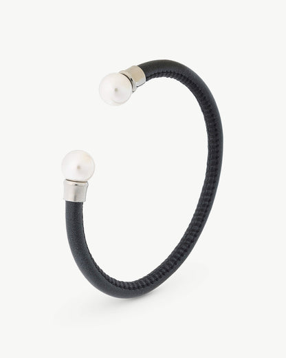 Two Pearls Black Leather Bracelet Mallorca